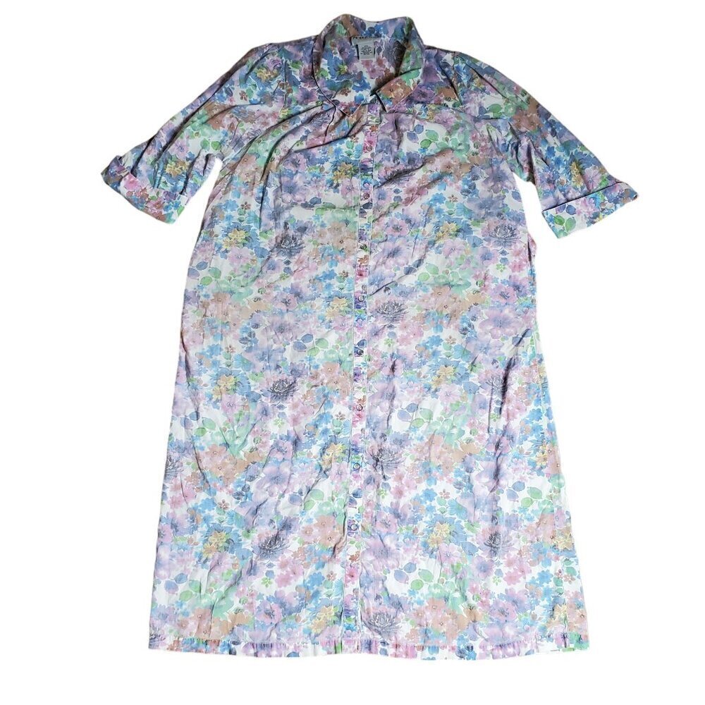 Vintage Models Coat House Dress Robe Snap Floral Granny Cottage‎ M Pastel Cotton